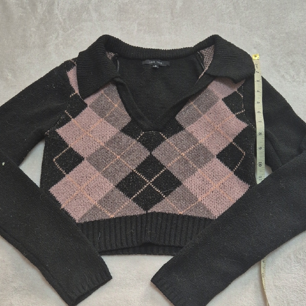 Women's Black and Pink Argyle Sweater